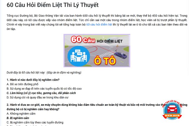 Ôn tập 60 câu điểm liệt lý thuyết thật kỹ để tránh rủi ro khi thi thật